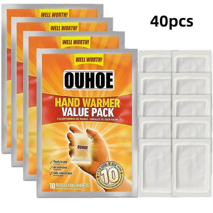 Set 40 incalzitoare de maini autoincalzitoare, ouhoe, incalzire pentru abdomen si corp, 10x13cm, non-toxic, reutilizabile