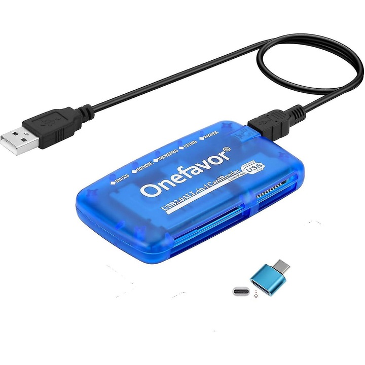 Cititor de carduri multi, albastru, USB 2.0, 4 sloturi, compact