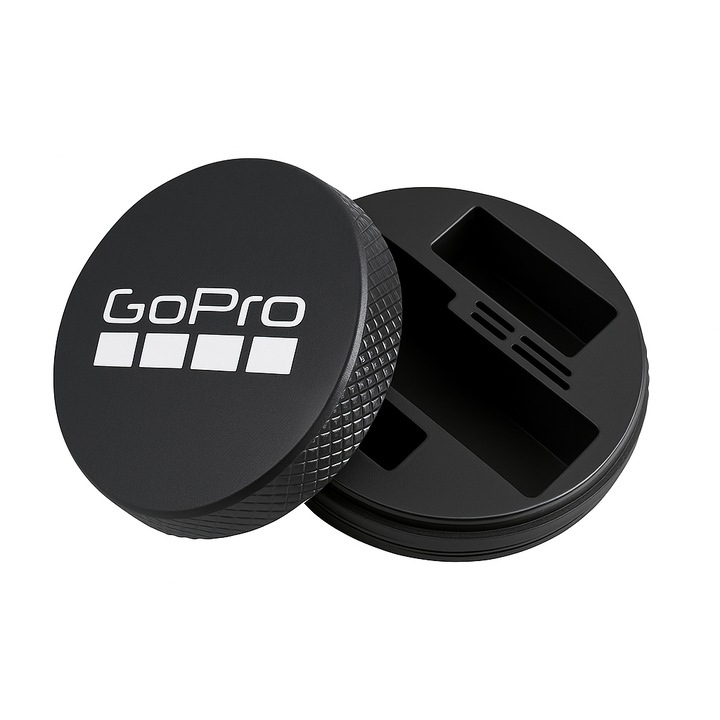 Cutie de depozitare si transport Go Pro Hero 9/10/11/12 cu lacas pentru 2 baterii si 4 carduri microSD, printat 3D, negru cu alb, Dual Stax®™