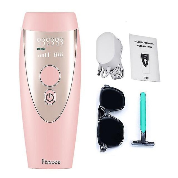 Epilator IPL, 999999 Flash, roz, set cu ochelari de protectie, manual de utilizare, aparat de ras