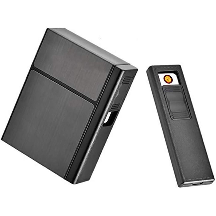 Tabachera, Rqiurpn, cu capacitate de 20 de tigari, include bricheta electronica reincarcabila USB, cutie de tigari portabila din aluminiu, cadou excelent, ideal pentru uz personal (negru)