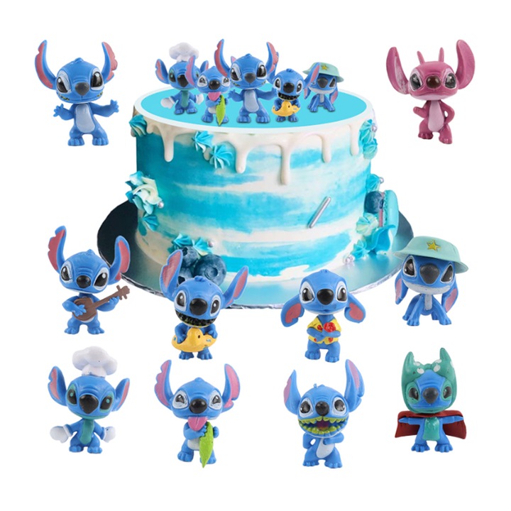 Set 10 figurine stitch, Rqiurpn, figurina pentru tort Lilo & Stitch, figurine de colectie Stitch, decoratiuni pentru tort Lilo & Stitch, albastru, PVC, 3 ani+