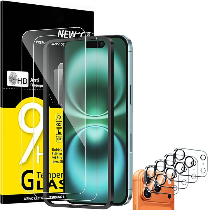 Set folii protectie sticla securizata compatibila cu iPhone 17 PRO, Rqiurpn, 2 folii pentru ecran si 2 protectii pentru camera, transparent, 6.3-inch