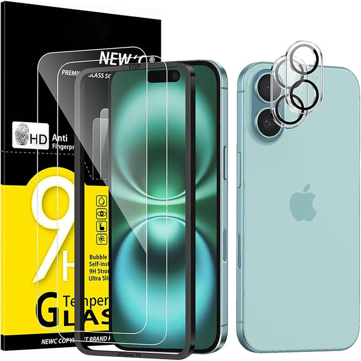 Protector de ecran, Rqiurpn, sticla temperata, transparent, 2 protectoare pentru ecranul frontal + 2 protectoare pentru lentile, include instrumente de instalare, 6,3 inci, iPhone 17