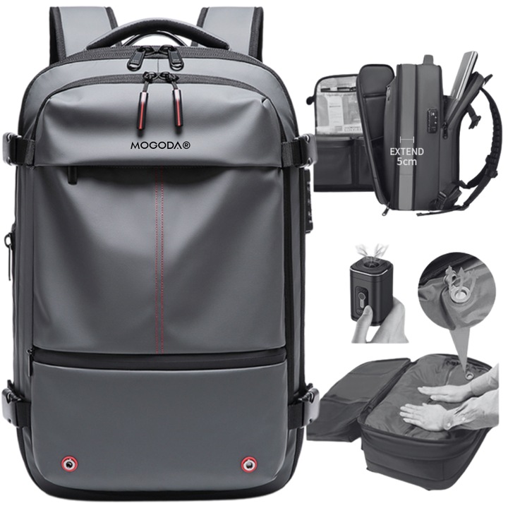Rucsac Vidabil pentru Calatorii si Avion Premium MOGODA®, 49x32x20 cm, Compresie cu Vacum, Impermeabil, Anti-Furt, Capacitate Extensibila pana la 60L, Pompa Vid inclusa, Gri