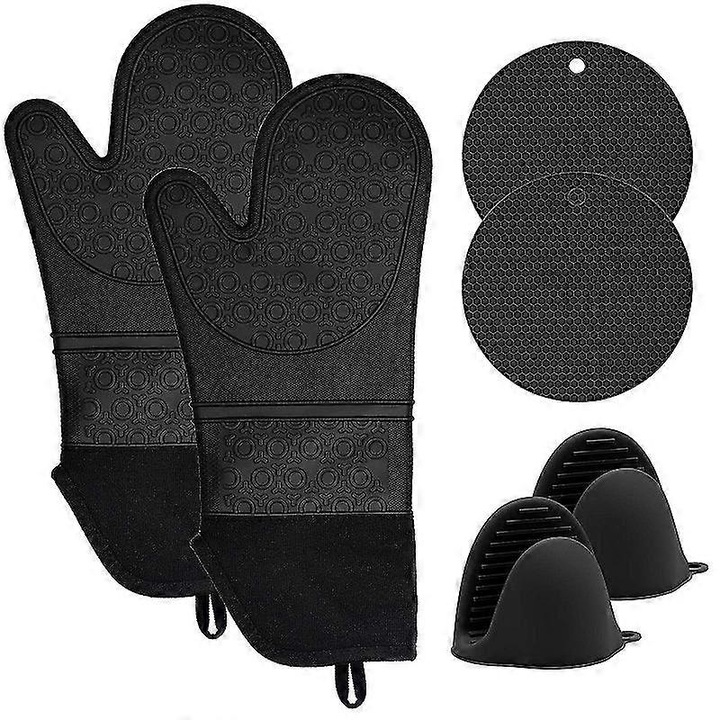6 darabos szilikon és pamut konyhai kesztyű szett, hőálló, 36.5cm, fekete