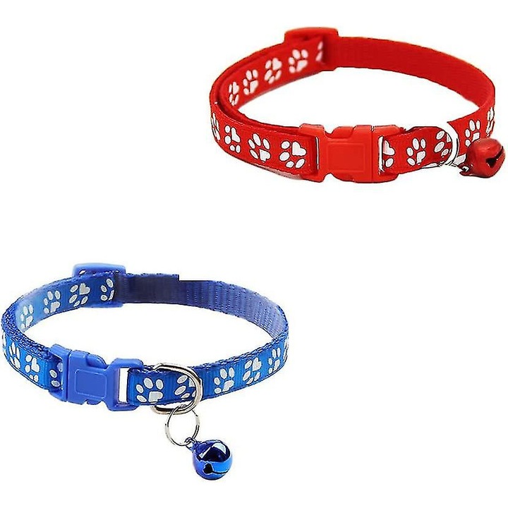 Set 2 Zgarzi pentru pisici si catei, Design cu clopotel, Prindere sigura, ajustabil, rosu si albastru