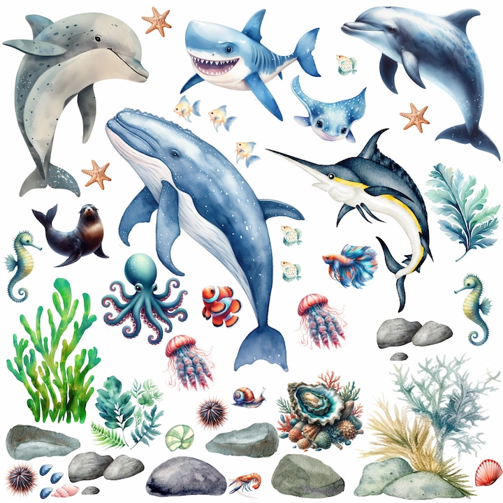Stickere Pereti Animale Marine, 44 Piese, Aproximativ 1 m², Autocolant Textil Premium Repozitionabil