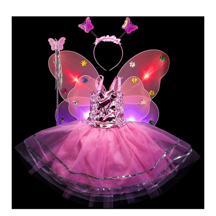 Set costum petreceri copii, Ronyes, 4 Piese, fustita lunga, aripi de fluture cu leduri, roz, 110-120 cm