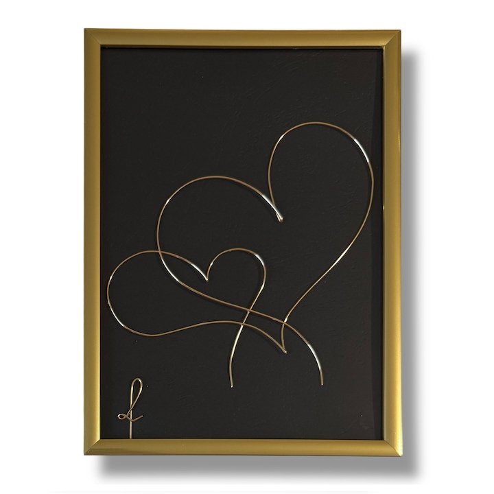 Tablou din sarma Inimioare 9, realizat din fir continuu de sarma emailata si lacuita aurie de 1 mm, rama aurie/neagra, dimensiune 13x18 cm, fundal negru marmorat