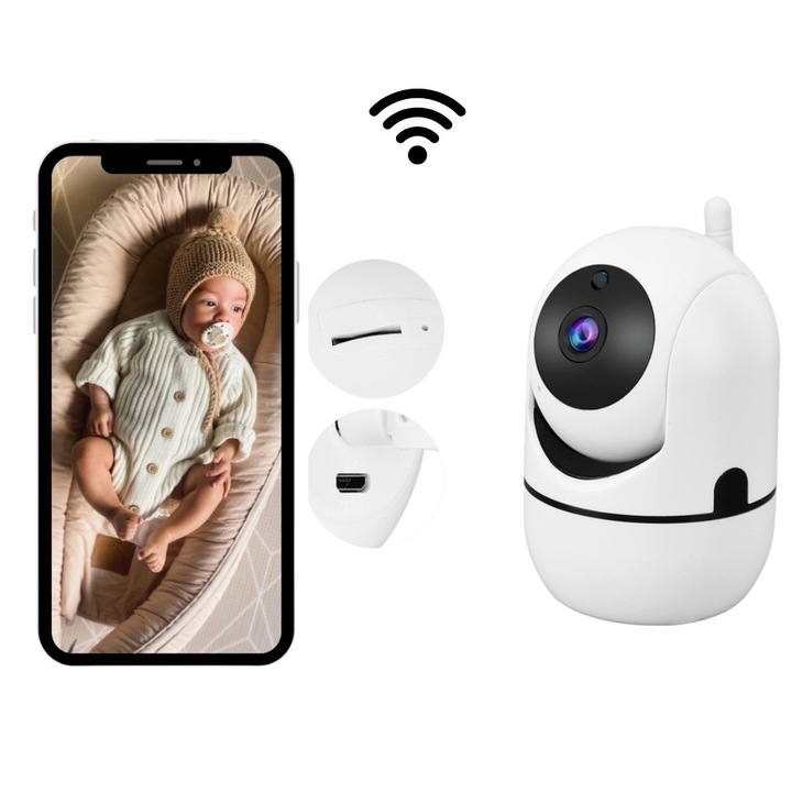 Camera Supraveghere WiFi IP Indoor HD 1080p, Baby Monitor Smart, Rotire 355° Pan & 90° Tilt, Audio Bidirectional, Detectie Miscare + Vedere Nocturna IR, Stocare microSD, Monitorizare Live pe Telefon, Compatibila iOS/Android