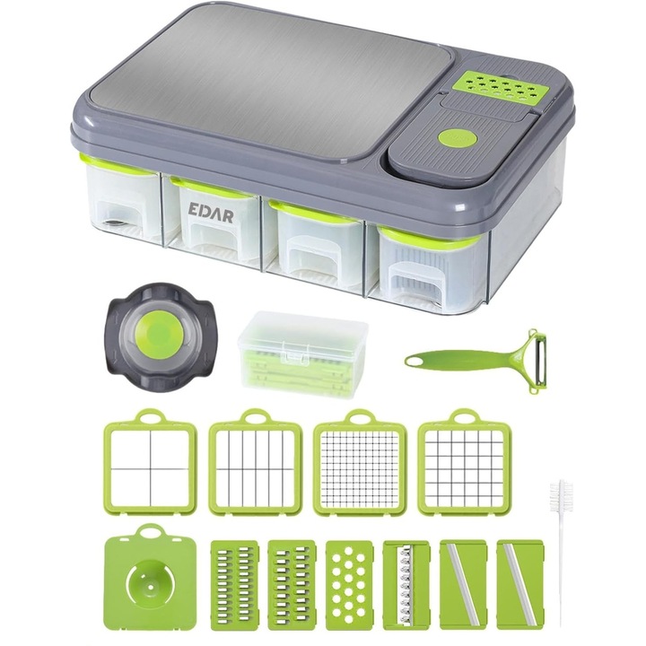 Razatoare si Tocator Multifunctional EDAR 28 Piese, Lama inox, Gri/Verde