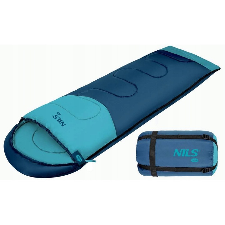 Спален чувал Nils Camp NC2008, 2 сезона, 185+30x75см, син, с качулка и компресионен сак