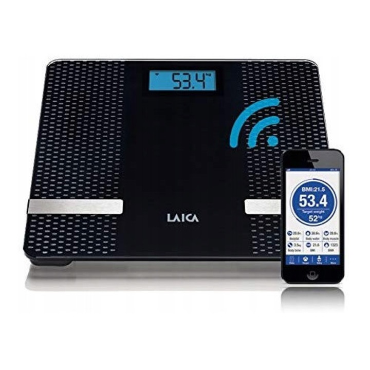 Cantar corporal inteligent Laica PS7002, masa maxima 180kg, conectivitate Bluetooth, sticla securizata, 30.2x30.2x2.5cm