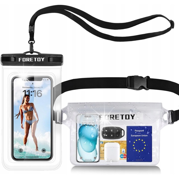 Vízálló deréktáska vízálló telefontokkal, 100% vízálló, 80~117cm, átlátszó