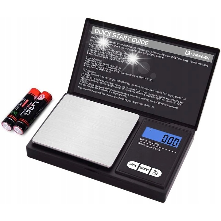 Cantar electronic de precizie, 200g, 0,01g, cu functie de tarare, display LCD, set cu 100g greutate, dimensiuni 7,5x13,5x1,8cm