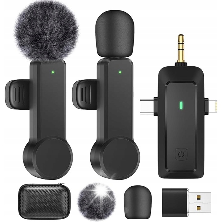 Mikrofon wireless dublu set, K70, USB-C, Lightning, 3,5 mm, 20m, pentru iPhone, iPad, laptop