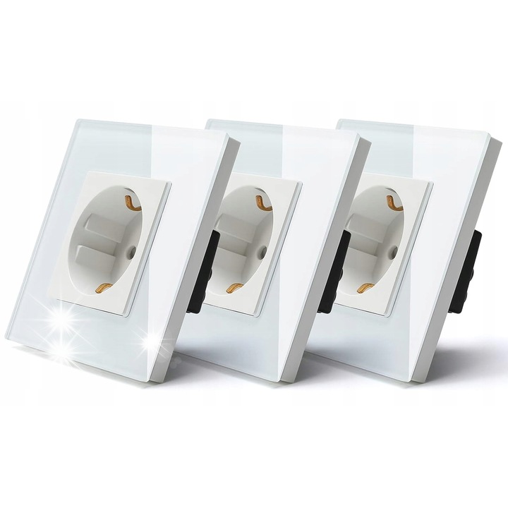 Gniazdko electric cu panou de sticla, alb, set 3 bucati, 16A, 86x86mm