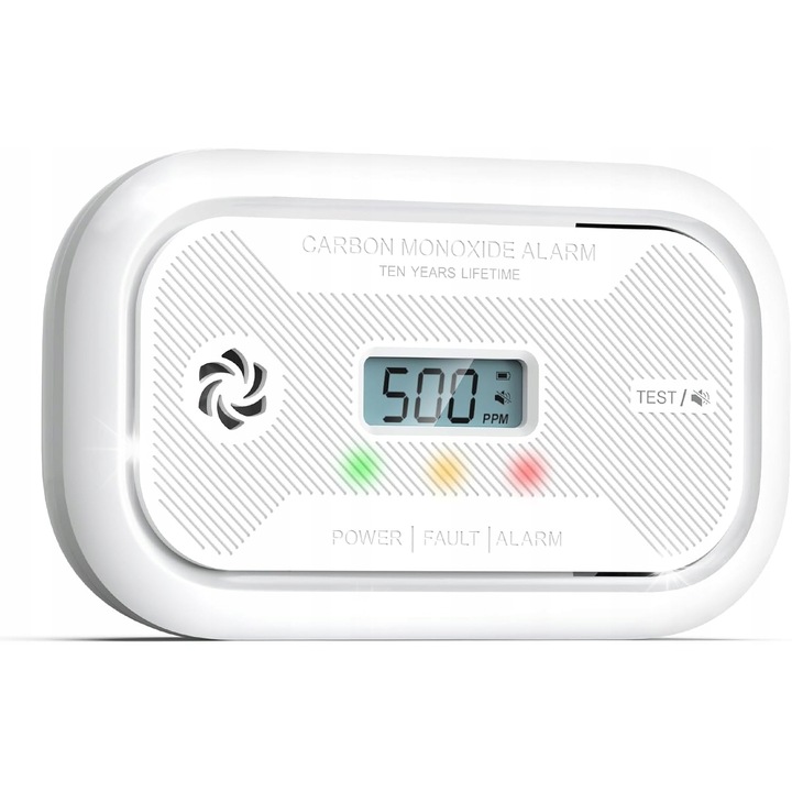 Детектор за CO с LCD екран, 10 години батерия, компактен, за контакт или стенен монтаж