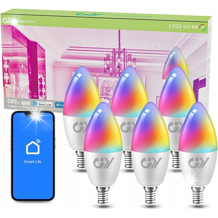 Комплект 6 LED крушки E14 RGBCW Димируеми Bluetooth 25.000 часа, 600lm