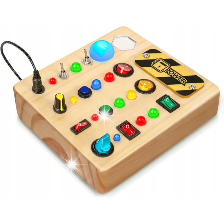 Tabla manipulativa Montessori din Lemn cu LED-uri, 12 Butoane, Multicolor, 1-4 ani