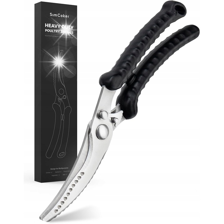 Foarfeca de bucatarie Heavy Duty, SimCoker, din otel inoxidabil, cu maner antiderapant, 3,8mm, pentru carne si legume