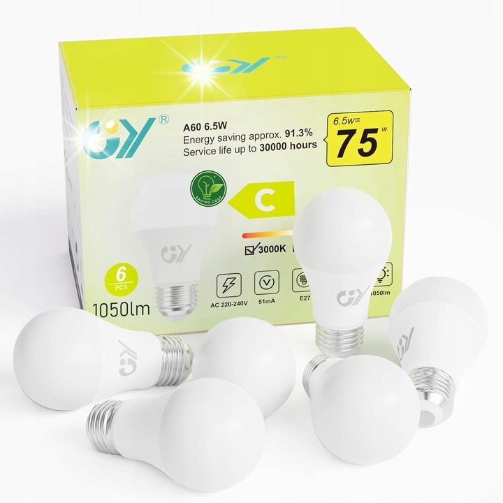 LED izzók E27 6,5W=75W, 1050lm, 3000K, 6 darabos készlet