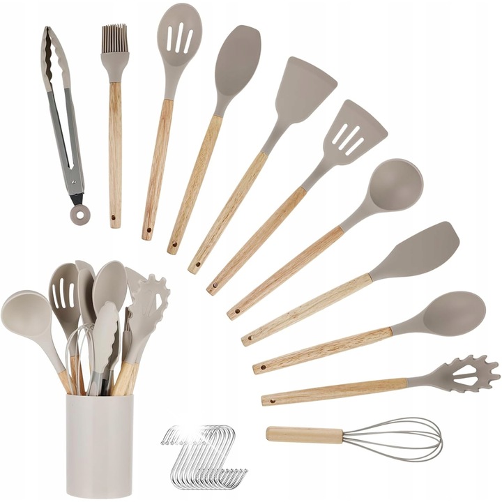 Комплект кухненски прибори от 12 части, KITDAHOM, силикон, дървена поставка, цвят каки