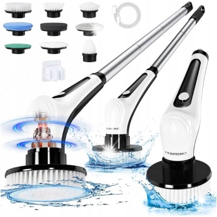 Perie electrica rotativa de curatare, 9 capete, fara fir, IPX8, negru-alb, lungime maxima 120 cm