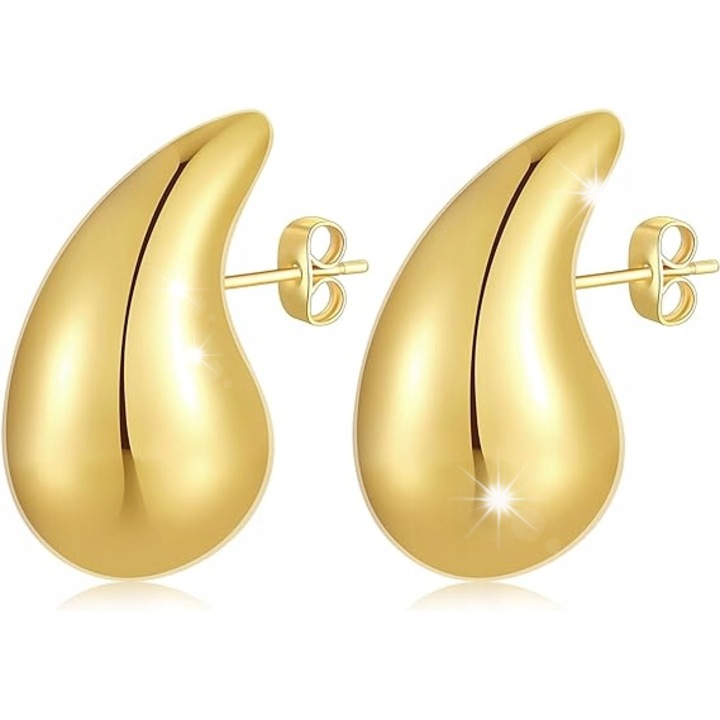 Cercei dama, 32 mm, forma lezi, aurii, hipoalergici, set