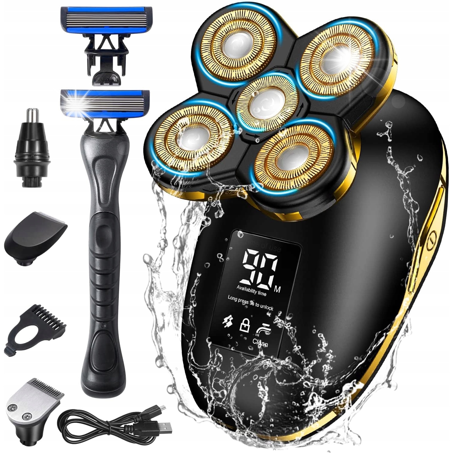 Aparat de ras electric 5 in 1, 6D, waterproof, set cu 5 capete, 90 ...