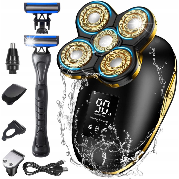 Aparat de ras electric 5 in 1, 6D, waterproof, set cu 5 capete, 90 minute autonomie, incarcare rapida