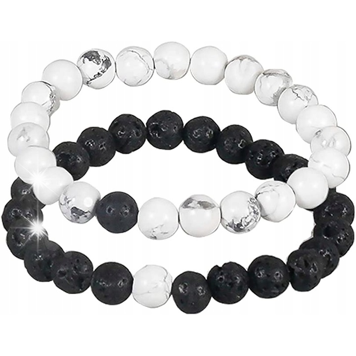 Bratara unisex, 2 piese, perle de turcoaz alb si lava, 8mm