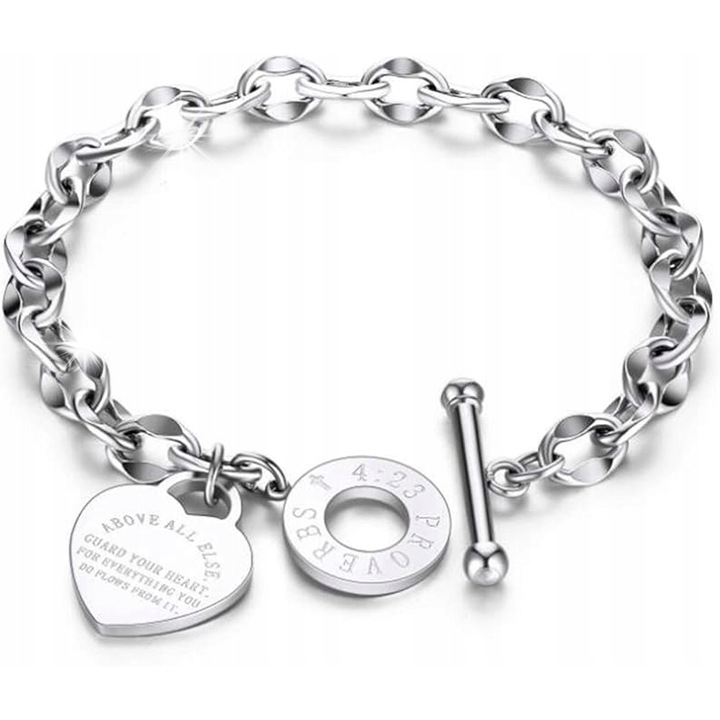 Bratara dama cu pandantiv in forma de inima, verset biblic 4:23, argintiu