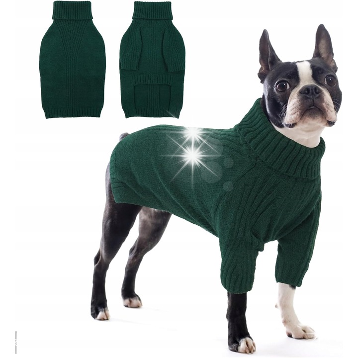 Sweter pentru caini, XL, verde, cu guler inalt, model clasic