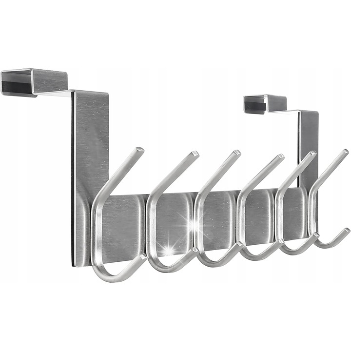 Ajtóra akasztható tartó, 6 kampós, fúrás nélküli, 39x2,5x10cm, ezüst