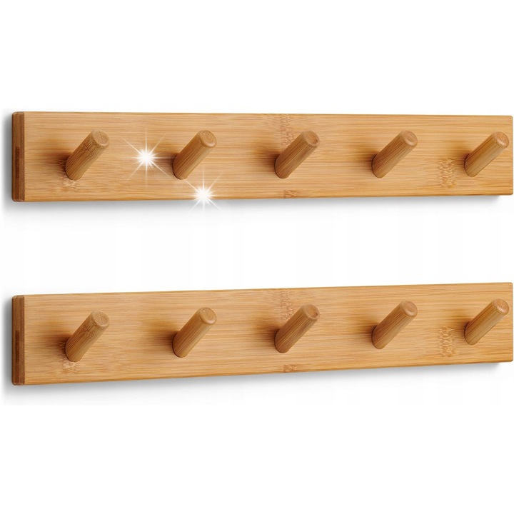 Fa akasztók, 2 darab, 5 kampó, bambusz, falra szerelhető