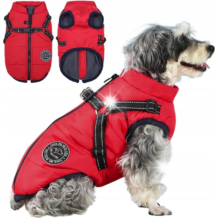 Kurta de iarna pentru caini, rosie, marimea M, impermeabila, cu elemente reflectorizante