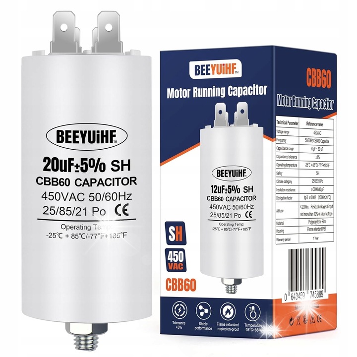 Condensator CBB60 20uF 450V 50/60Hz, dimensiuni 45x95mm, pentru motoare monofazate