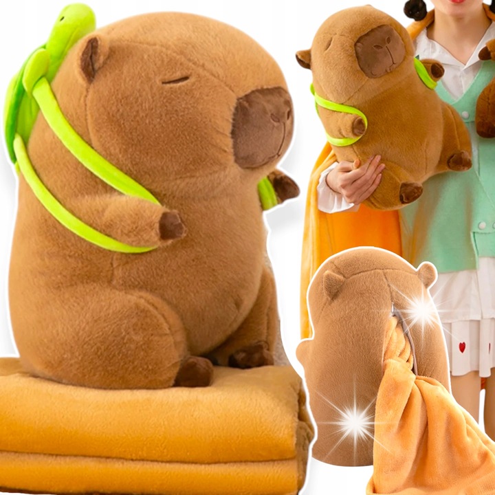 Capibara cu patura, jucarie de plus, 40cm, maro cu rucsac verde