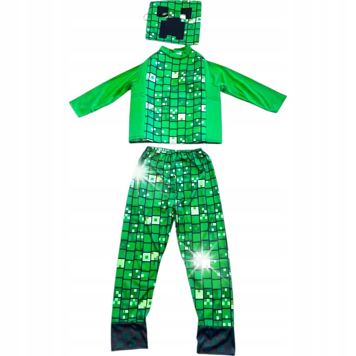 Costum Creeper Minecraft pentru baieti, Toys, set complet cu bluza, pantaloni si masca, roz, marimea M (120-130 cm)