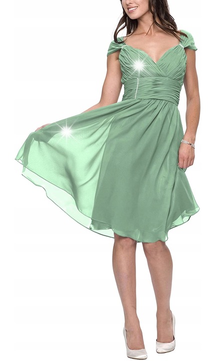 Rochie evazata, verde, poliester, cu volane, fara maneci, 38 EU