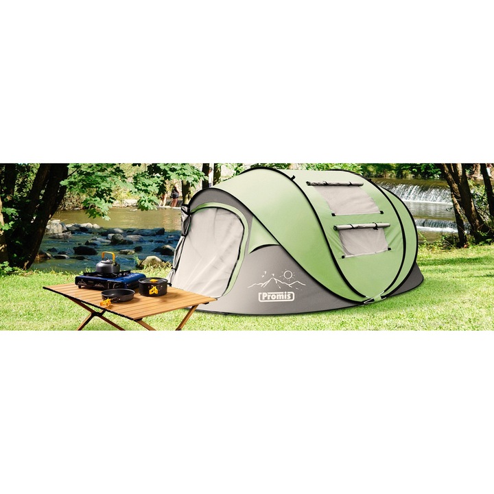 Къмпинг палатка Promis 3 SECONDS, 3 човека, саморазгъваща се, водоустойчива, с мрежа против насекоми, 160x240x105cm