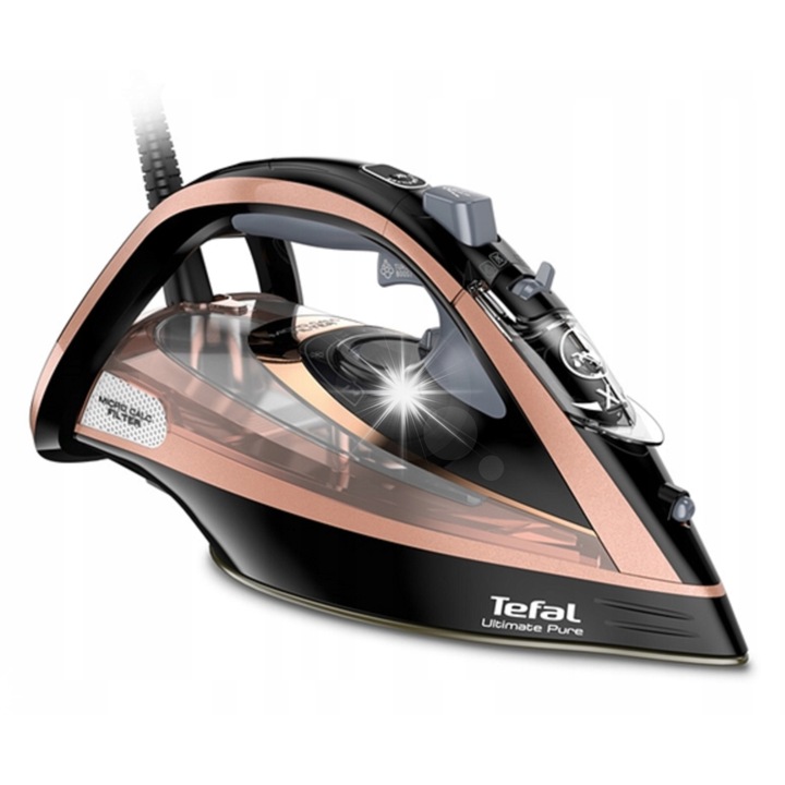Fier de calcat Tefal Ultimate Pure FV9845, 3100W, abur continuu 60g/min, abur puternic 260g/min, cu adaptor UK/PL