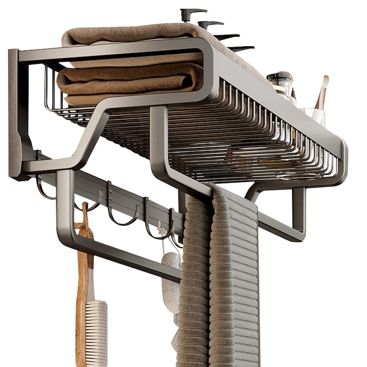 Suport prosoape baie, Axroad Mall, Usor de instalat si de utilizat, Rezistent la apa, Design cu carlige, Design elegant, Economisi spatiu, Pentru baie, dormitor, piscina, balcon, hotel, Aluminiu spatial, 57*22*18.5cm, Gri