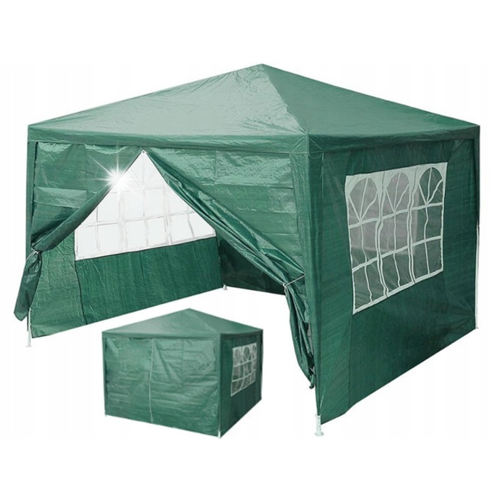 Pavilon gradina 3x3m, verde, 4 pereti cu feronerie, impermeabil