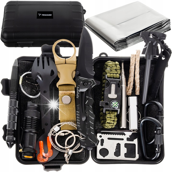 Set de supravietuire Trizand 32 in 1, etui impermeabil, accesorii camping, dimensiune 130x210cm