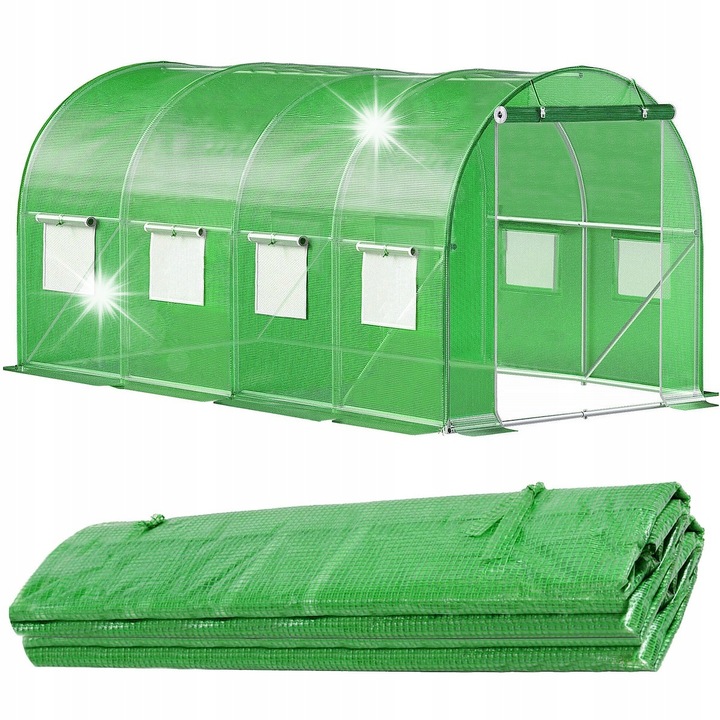 Folii pentru sera, 400x250x200cm, transparenta + verde, 9 feronerie cu plasa, inchidere cu fermoar