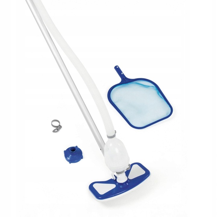 Set aspirator pentru piscina Bestway 58234, kit curatare cu adaptoare pentru pompe, tija 279 cm, furtun 6 m, sac colector si duza de aspirare, albastru/alb, pentru piscine pana la 457 cm