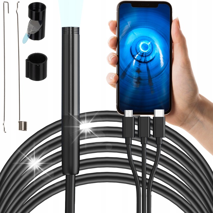 BIGSTREN professzionális endoszkóp kamera, 2m kábel, 6 LED, 3 cserélhető fej, vízálló, 7,9mm